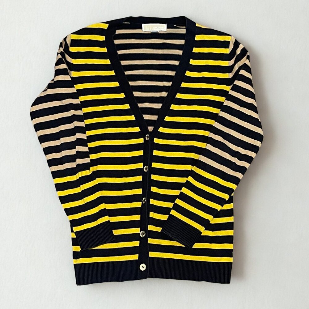 MICHAEL Michael Kors Striped Button Down Cardigan Sweater Yellow Blue M